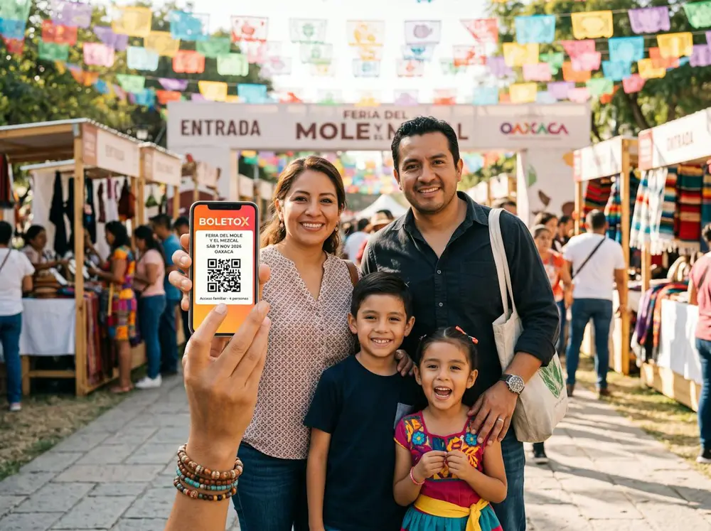 Familia en una feria mostrando su boleto digital de Boletox